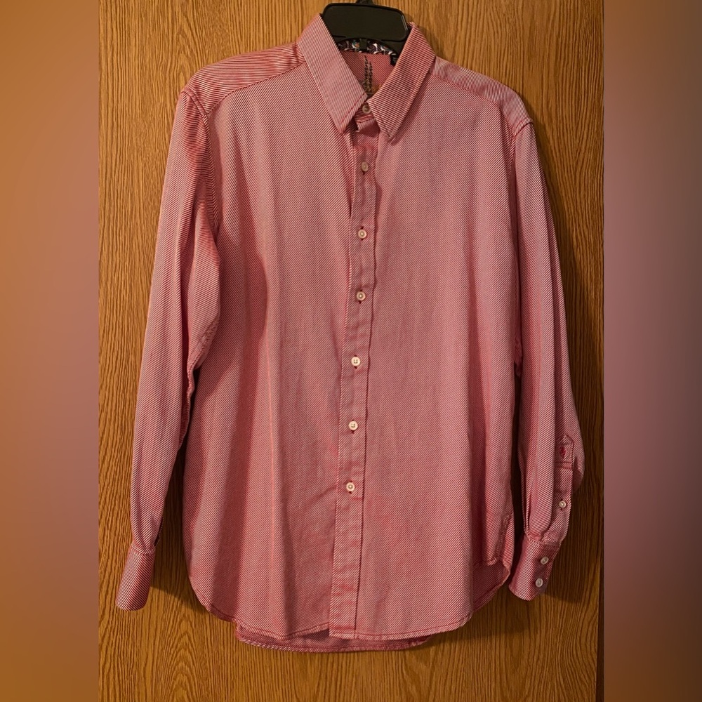 NWOT Men’s Robert Graham Flip Cuff Red & White Stripe Button Down Shirt. Size M.